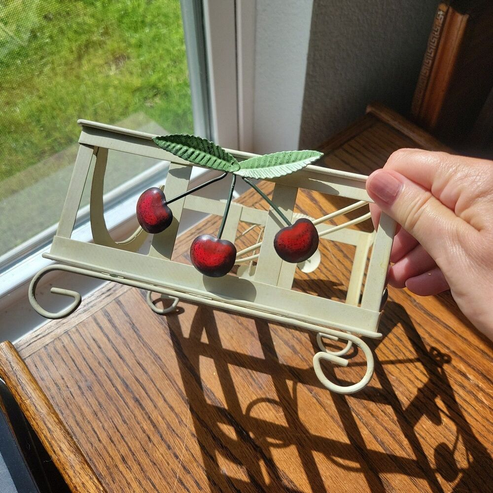 Vtg Metal Basket Napkin Holder Red Metal Cherries 80s Kitchen Decor Cottage Farm